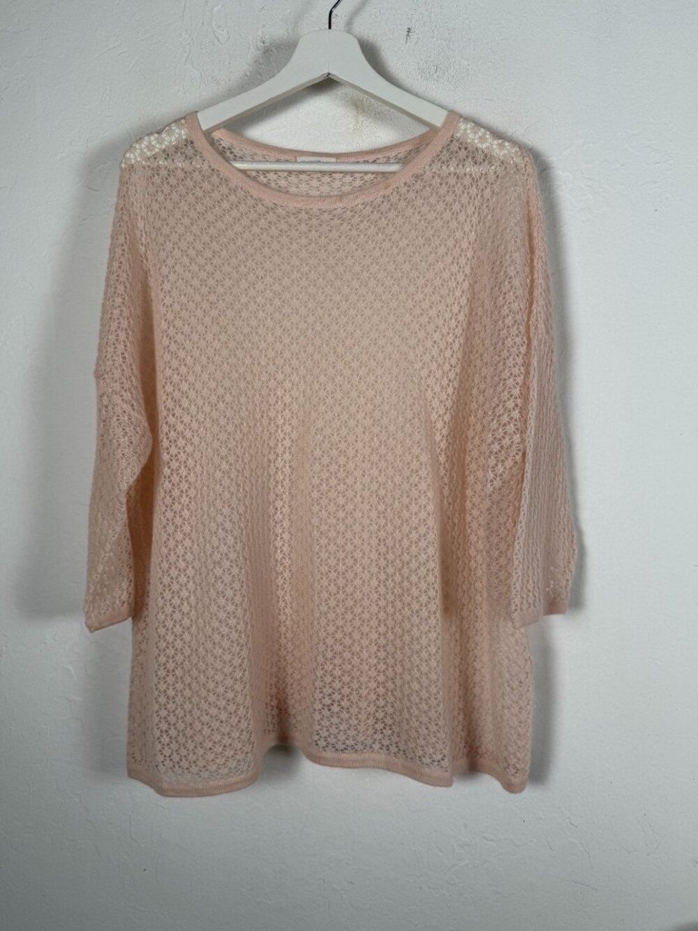 Garnet Hill Womens Light Pink Open Knit 100% Cashmere Sweater Large Pullover